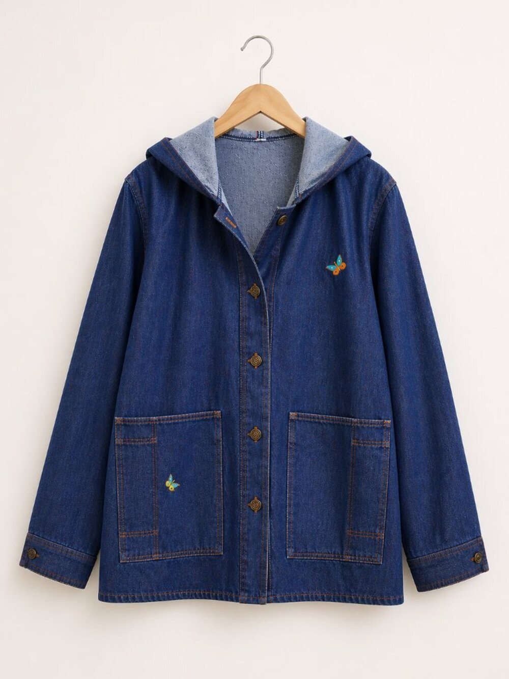 Vintage Union Made Chore Jacket Denim Embroidered Butterflies Floral Size Large